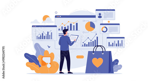 Marketing analyst examines customer behavior and sales data charts on a dashboard to improve online shopping experiences and brand loyalty.