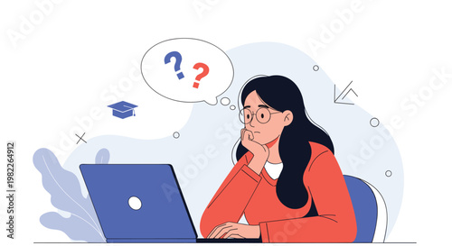 Determined student researches complex topics and finds answers using a laptop with thought bubbles representing curiosity and academic questions.