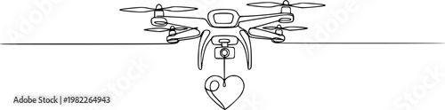 Minimalist One Line Art of Delivery Drone with Heart - Humanitarian Aid and Logistics Concept
