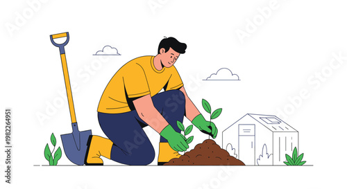 Dedicated farmer plants a young sapling in fertile soil with a shovel and greenhouse in the background to promote forest growth.
