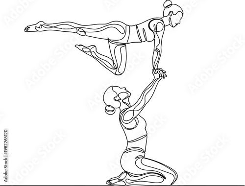 Two flexible women performing an artistic acrobatic pose drawn with a continuous single line style illustrating strength balance cooperation and athletic grace in modern art