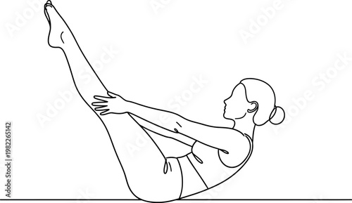 Minimalist line art illustration depicting a woman holding a challenging yoga pose with her legs extended upwards, demonstrating strength and core engagement for fitness and well-being.