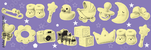 halftone, pop art, dot baby toy collection with duck stroller pacifier, moon socks, and crown, cute nursery set vector illustration