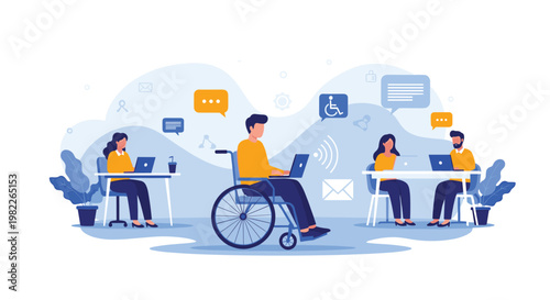 Diverse team of professionals including a man in a wheelchair collaborates in a modern, accessible office environment using various technologies.