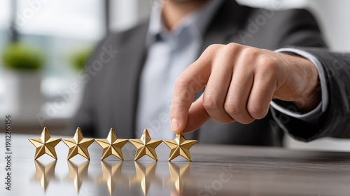 Businessman evaluating customer service quality by selecting three golden stars on a five star rating scale, symbolizing reputation management and positive feedback recognition