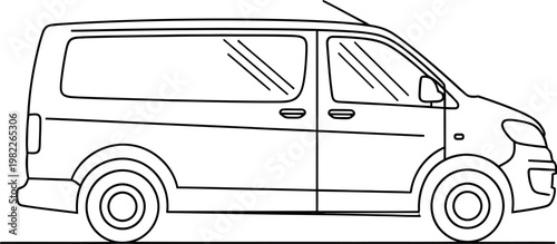 Minimalist line art drawing of a commercial delivery van shown from a side profile view representing efficient transportation solutions for logistics and small business shipping needs