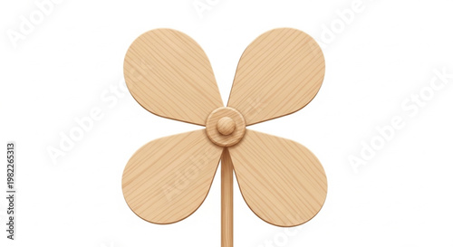 A minimalist, natural wooden pinwheel toy with four rounded blades and a central hub. The object is isolated on a white background, highlighting its simple design and light wood texture. 