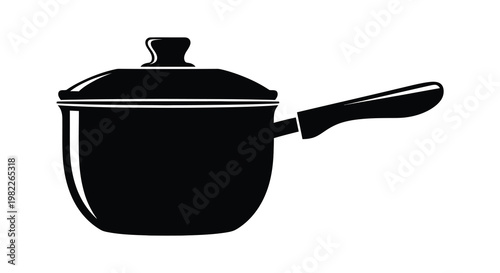A simple black and white illustration of a saucepan with a lid and handle high quality