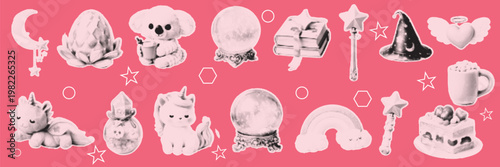 halftone, pop art, dot kawaii pastel collection with koala crystal ball toaster hat wand cake and rainbow cute set vector illustration