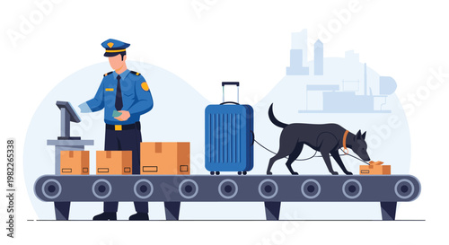Airport security officer monitors a conveyor belt while a specialized drug detection dog sniffs luggage and packages for prohibited items.