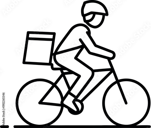 Outline icon illustration depicting a bicycle delivery rider wearing a protective helmet and carrying a package box, symbolizing fast and efficient courier service.