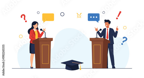 Two students engage in a formal academic debate at separate podiums with a graduation cap symbolizing educational competition and speech.
