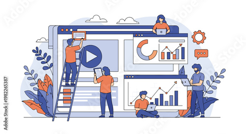 Integrated team of web developers and designers build a dynamic site featuring video content and data analytics dashboards on a large screen.