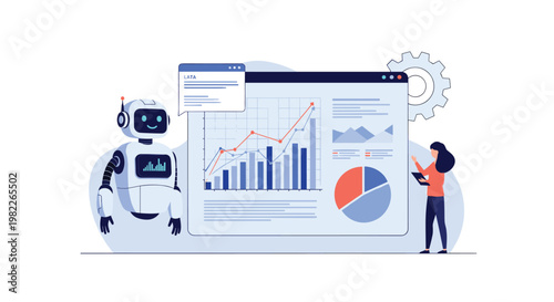 Intelligent robot and a business analyst collaborate to interpret complex data charts and financial performance metrics on a digital dashboard.