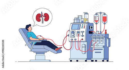 Man undergoing hemodialysis treatment in medical center with specialized machine equipment and artificial kidney blood filter.
