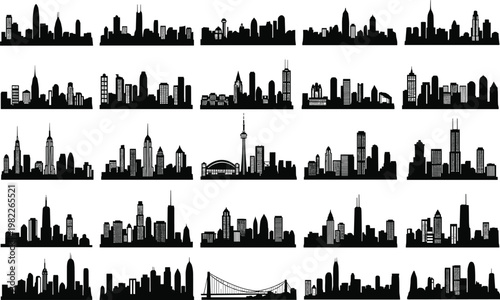 Mega collection of city skyline silhouettes with famous buildings and bridge isolated on white background for travel urban and architecture design