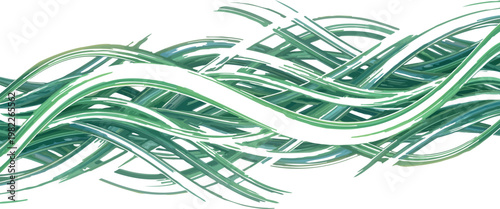 Abstract green glowing lines weave together in a rhythmic pattern to create a dynamic visual display representing modern connectivity and fluid motion through light energy