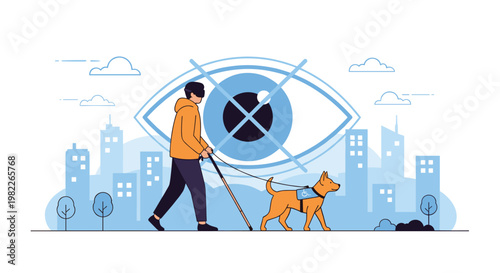 Blind man walking with guide dog and cane in city with symbolic vision impairment eye icon for accessibility and awareness in urban life.
