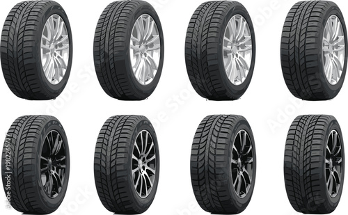 Car tires set with different tread patterns, realistic vehicle wheels collection, automotive rubber equipment, detailed vector illustration