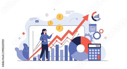 Financial analyst standing before colorful data charts with calculator and coins for investment and profit growth and market analysis.