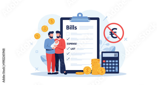 Same sex couple with baby calculating family expenses and monthly bills next to large checklist and gold coins for financial planning.