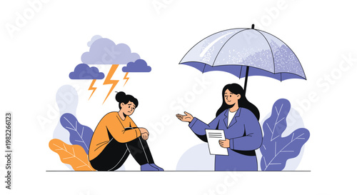 Professional counselor providing support to sad woman under storm cloud with umbrella protection for mental health and therapy.