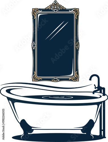 Elegant vintage clawfoot bathtub filled with water situated directly beneath a decorative antique wall mirror that reflects the sophisticated style of a classic luxury bathroom interior