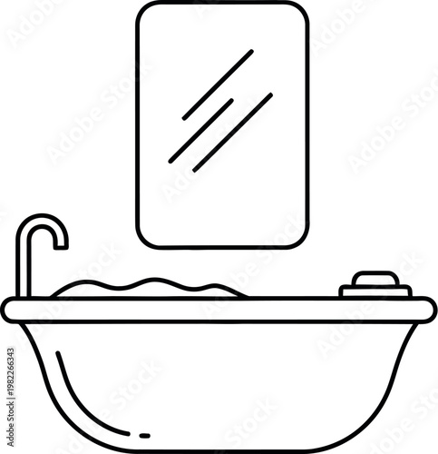 Line art illustration depicting a modern bathroom interior setup, featuring a classic bathtub with a faucet, bubbles, and soap, beneath a sleek rectangular wall mirror.