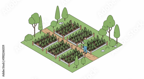 Isometric Cannabis Farm Illustration with Worker Tending to Hemp Plants in Raised Beds