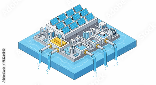 Isometric 3D Illustration of a Floating Solar Powered Water Treatment Plant and Desalination Facility for Sustainable Clean Water Solutions