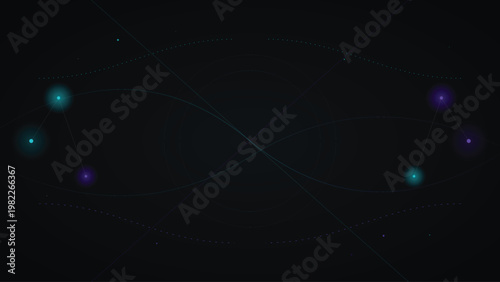 Vibrant purple and green glowing orbs float in a dark space with intersecting lines and dots, creating a mesmerizing abstract scene with a sense of depth and dimensionality.