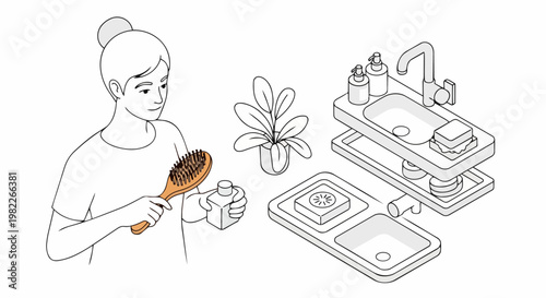 Isometric Line Art Illustration of a Young Woman with Hairbrush in Bathroom for Morning Routine and Self-Care Concepts