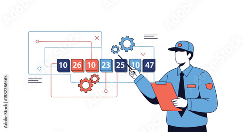 Security professional checking digital log or code sequences with clipboard in industrial or data center setting for system control.