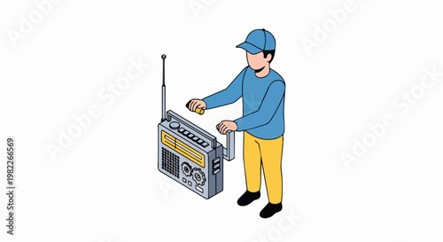 Isometric Illustration of a Man Operating a Vintage Portable Radio Receiver