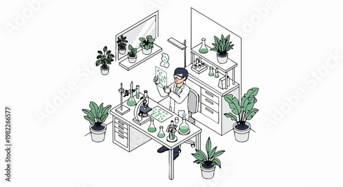 Isometric Illustration of a Scientist Researching Plant Biology and Biotechnology in a Laboratory, Eco-Friendly Science and Sustainable Innovation Concept