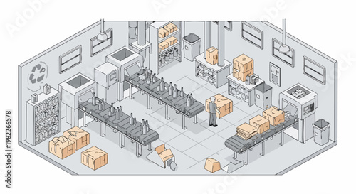 Isometric Illustration of an Industrial Recycling Plant and Bottling Factory Production Line with Worker and Conveyor Belts