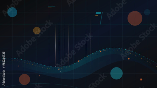 A futuristic illustration of a wavy line and colorful dots on a dark blue background with a grid pattern, showcasing a technological design concept.