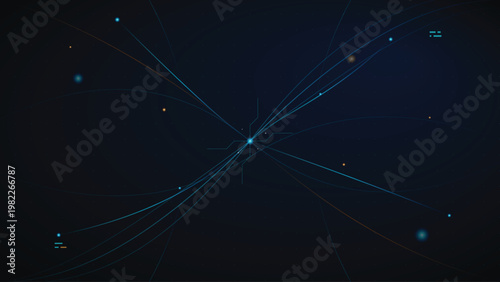 A futuristic network visualization depicts glowing blue lines and nodes radiating outward in a dark space with scattered particles and a central connection point.