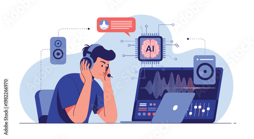 Sound engineer using artificial intelligence software for music production and audio editing on laptop computer and sound studio.