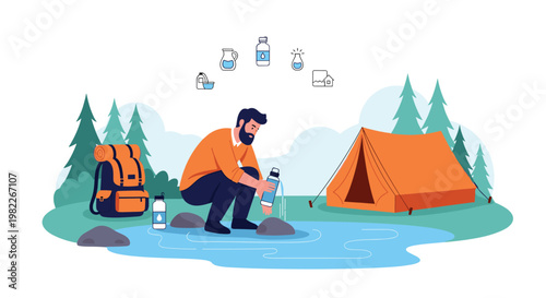 Male camper filling thermos with water from lake while camping in forest with orange tent and hiking backpack for adventure travel.