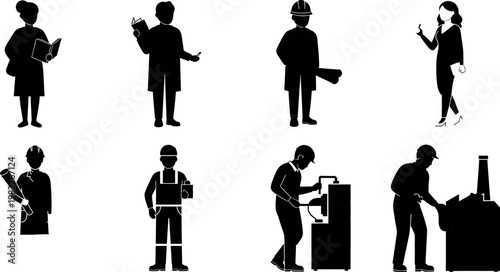 Set of various black silhouette people working and doing different activities