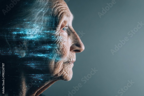 Senior woman memory data digital overlay