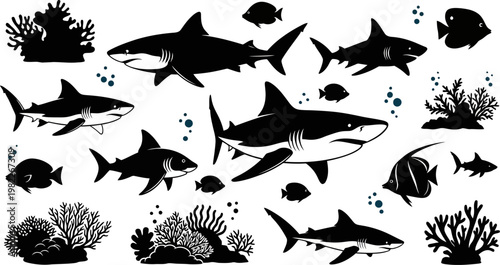 Black silhouettes of sharks and fish swimming near coral reefs on white background