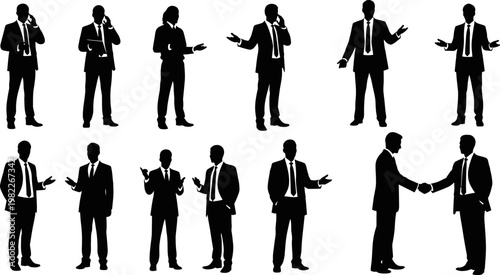Silhouettes of businessmen in various poses on white background
