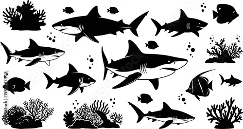 Black silhouettes of sharks and fish swimming around coral reefs underwater