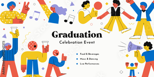 Graduation celebration event banner with happy people dancing and party activities graduation celebration beverages performances announcement academic achievement education university