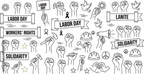 Labor Day and workers rights concept with solidarity icons and fists