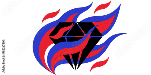 Black diamond symbol engulfed in red and blue flames with gemstone abstract valuable illustration creative isolated background precious colorful decorative ornament identity contrast