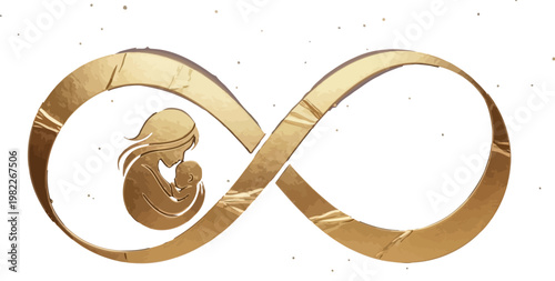 Golden infinity symbol featuring a silhouette of a mother cradling her newborn baby representing the eternal bond of love between parent and child forever more