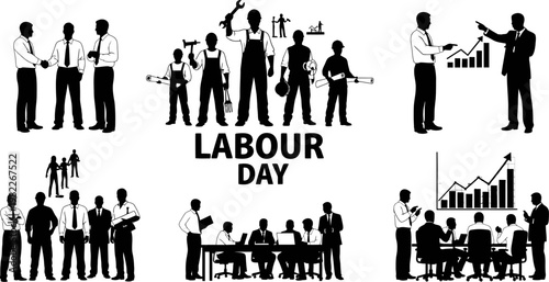 Labour Day celebration with various workers and business people silhouettes  office and industrial workers